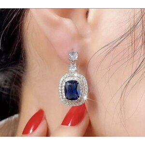 925 Silver Plated blue topaz womens Earrings Drop Micro Paved Crystal jewelry